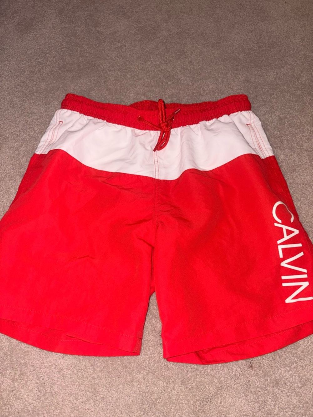 Calvin Klein Red & White Men’s Colorblock Swim Trunks